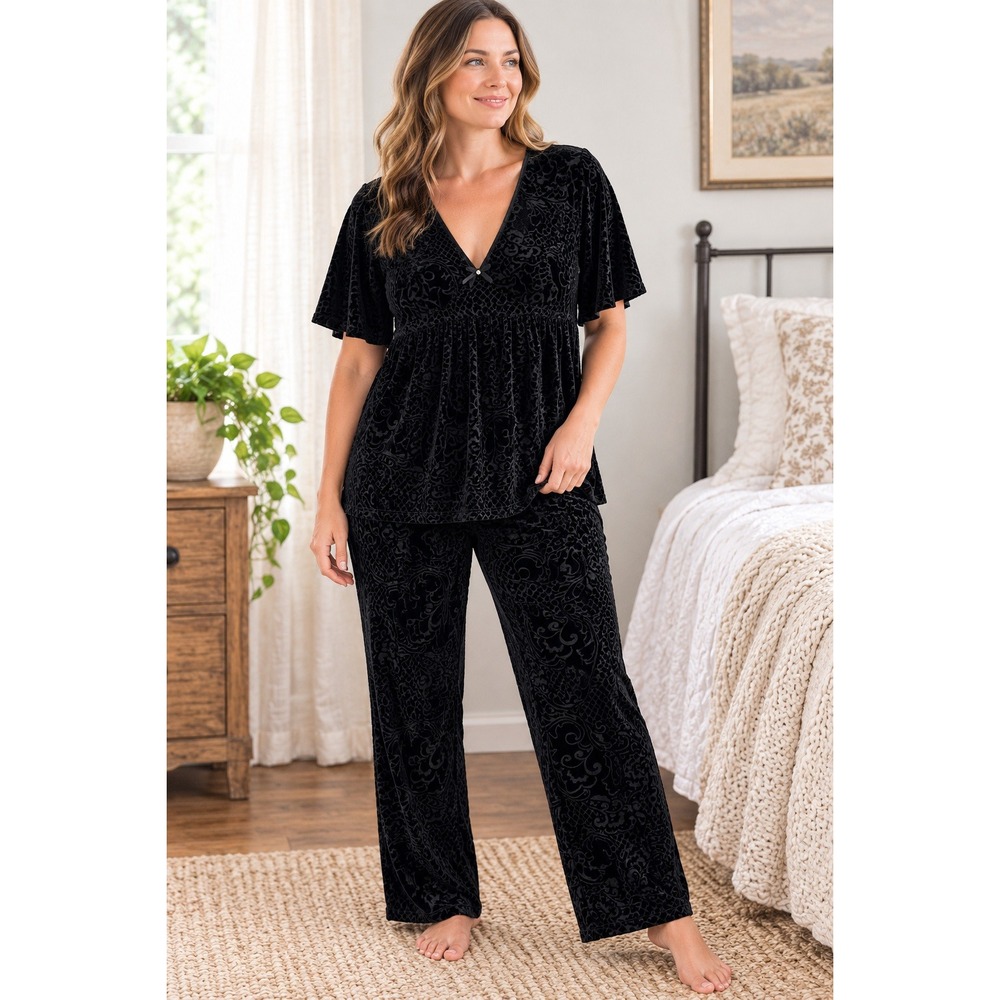 Soma Black Burnout Velvet Pajama Women's Medium 2 Pc Lounge Sleepwear Paisley